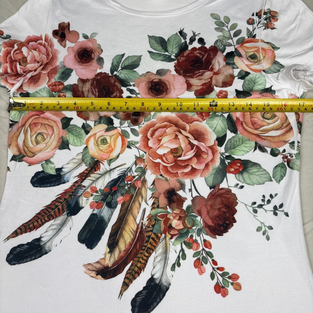 Dice Floral Tunic Top Women Medium Boho Roses Feather Print Short Sleeve - Picture 6 of 8